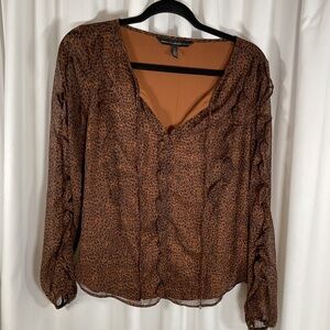 WHBM Leopard Print Long Sleeve Blouse Lined Sheer Ruffles Women’s Small V neck